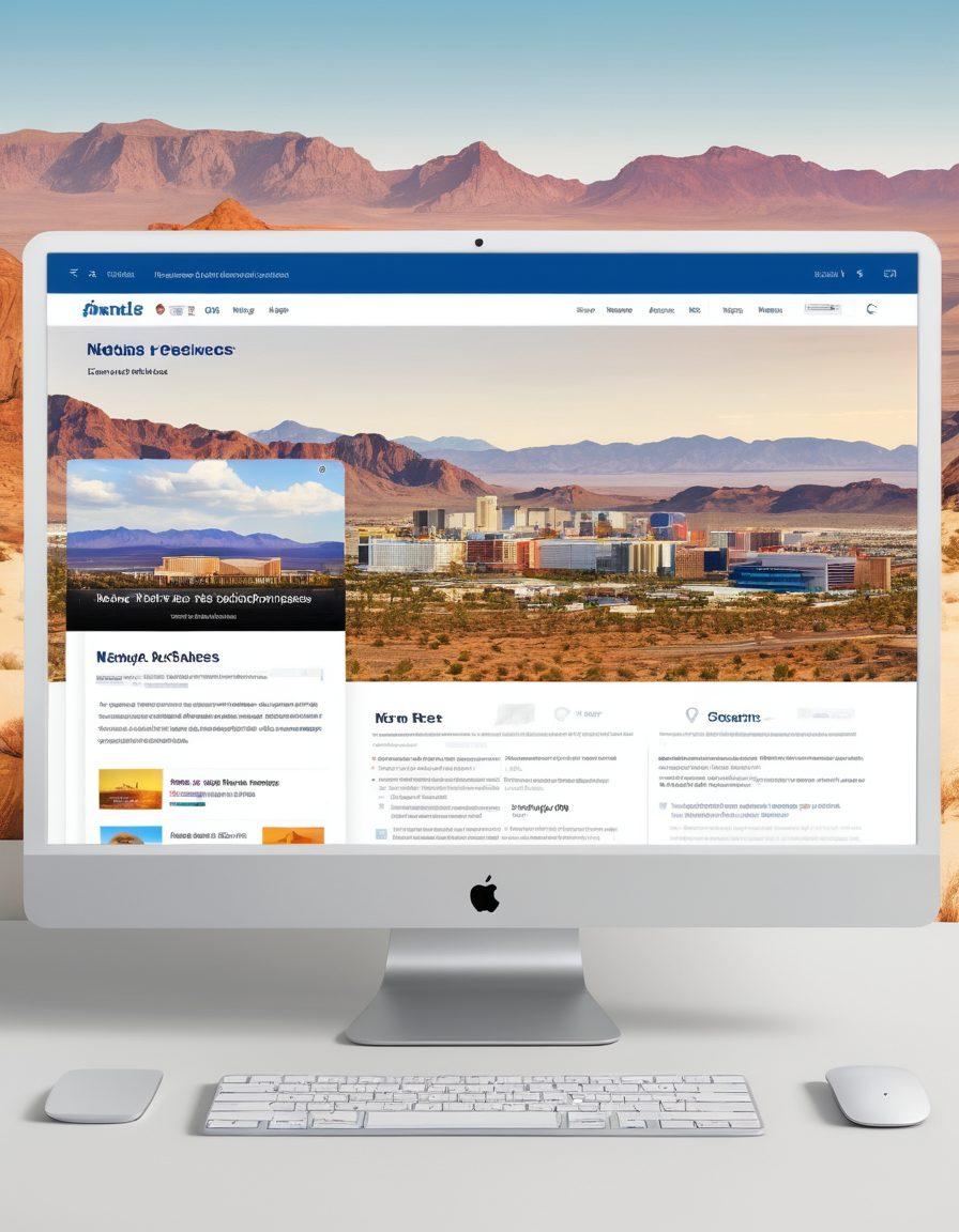 A modern, user-friendly computer interface displaying the Nevada Secretary of State's online portal with tabs for various state services, set against a backdrop of iconic Nevada imagery such as the Las Vegas skyline and desert landscape. Include diverse people of different ages interacting with the interface, symbolizing accessibility and ease of use. digital illustration. vibrant colors. white background.