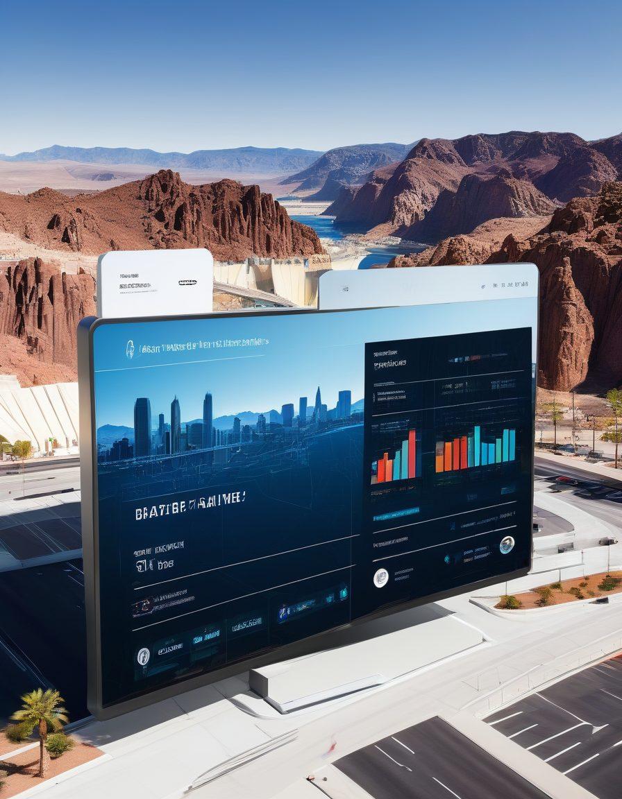 A dynamic and modern digital interface showcasing business registration and public records with a background featuring Nevada's iconic landmarks like the Las Vegas Strip and Hoover Dam. The interface should have sleek graphs, charts, and digital forms, symbolizing efficiency and accessibility. Futuristic and tech-savvy elements should be incorporated to emphasize digital innovation. super-realistic. vibrant colors. white background.