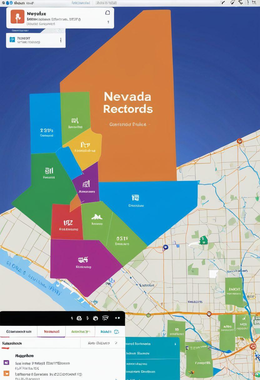 An elegant, modern computer interface displaying Nevada public records, with vibrant, colorful icons and elements representing transparency, efficiency, and accessibility. Include a Nevada state map subtly integrated into the background, highlighting digital connectivity. super-realistic. vibrant colors. modern style.